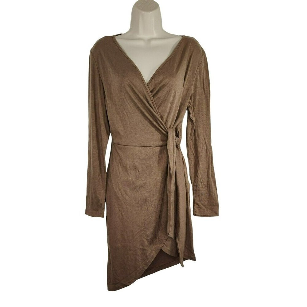 Anna Kaci Surplice V-neck Dress Faux Wrap Sheath Jersey Knit Women Size L Brown